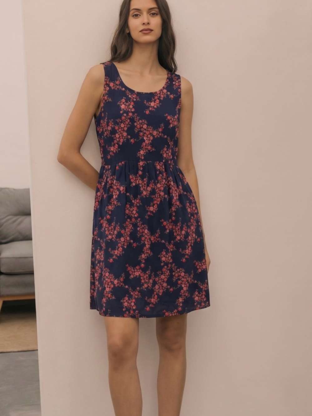 Old Navy Navy Dress with Pink Floral Print